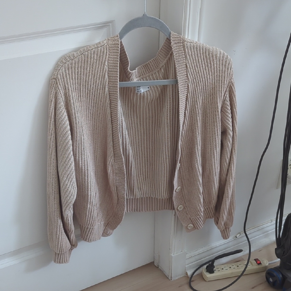 Frank & Oak Women's Cotton Ribbed Beige Cropped Cardigan - Size US M/L